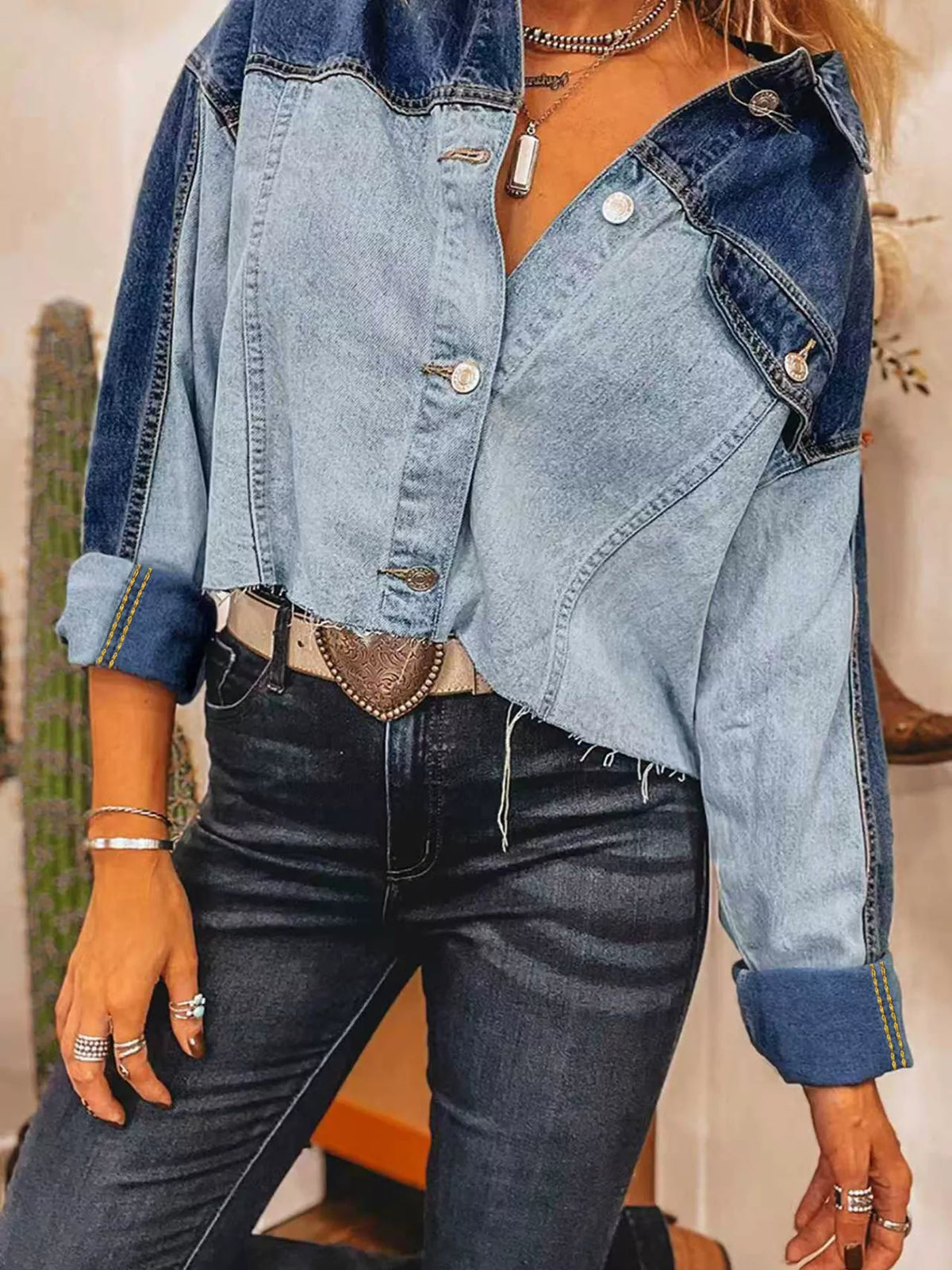 Women's Blue Raw Hem Two-Tone Denim Jacket - Blue