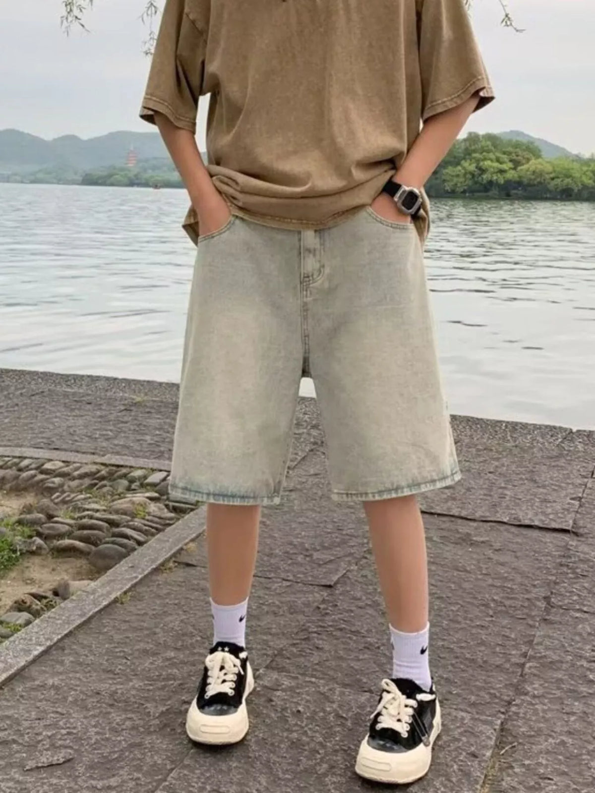 Men's Plus Size Relaxed Fit Wash Denim Shorts in Yellow Mud Color