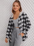 Single-breasted Round-neck Long-sleeve Cotton Plaid Hooded Cardigan