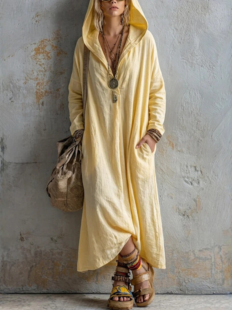 Women's Solid Color Long Hooded Cotton Linen Dress, Loose Bohemian Style Women's Clothing - Light yellow