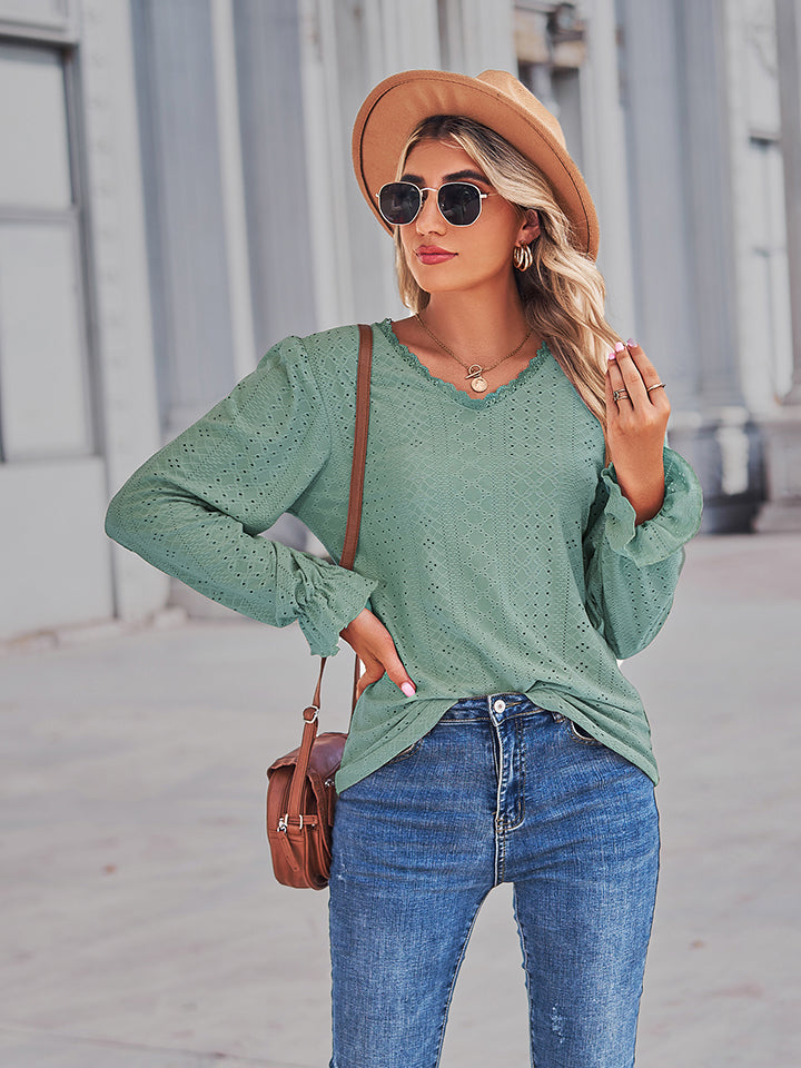 Women's Eyelet V-Neck Flounce Sleeve Blouse