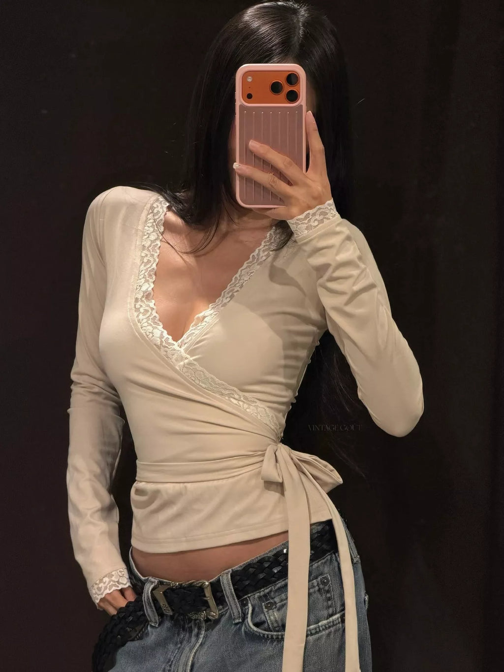Women's Lace-Trimmed Long Sleeves Wrap Blouse