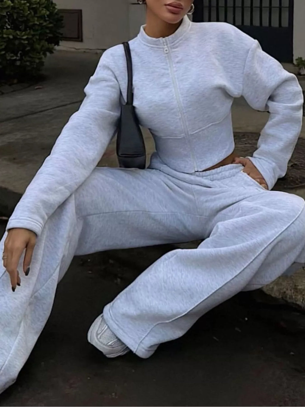 Women's Zip-Up Crop Jacket and Wide-Leg Pants Set