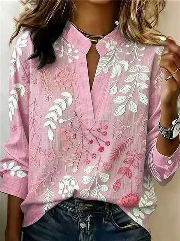 Womens Boho Leaf Floral Print Long Sleeve Blouse, Stand Notch Collar Keyhole V Neck Loose Fit Casual Tunic Shirt