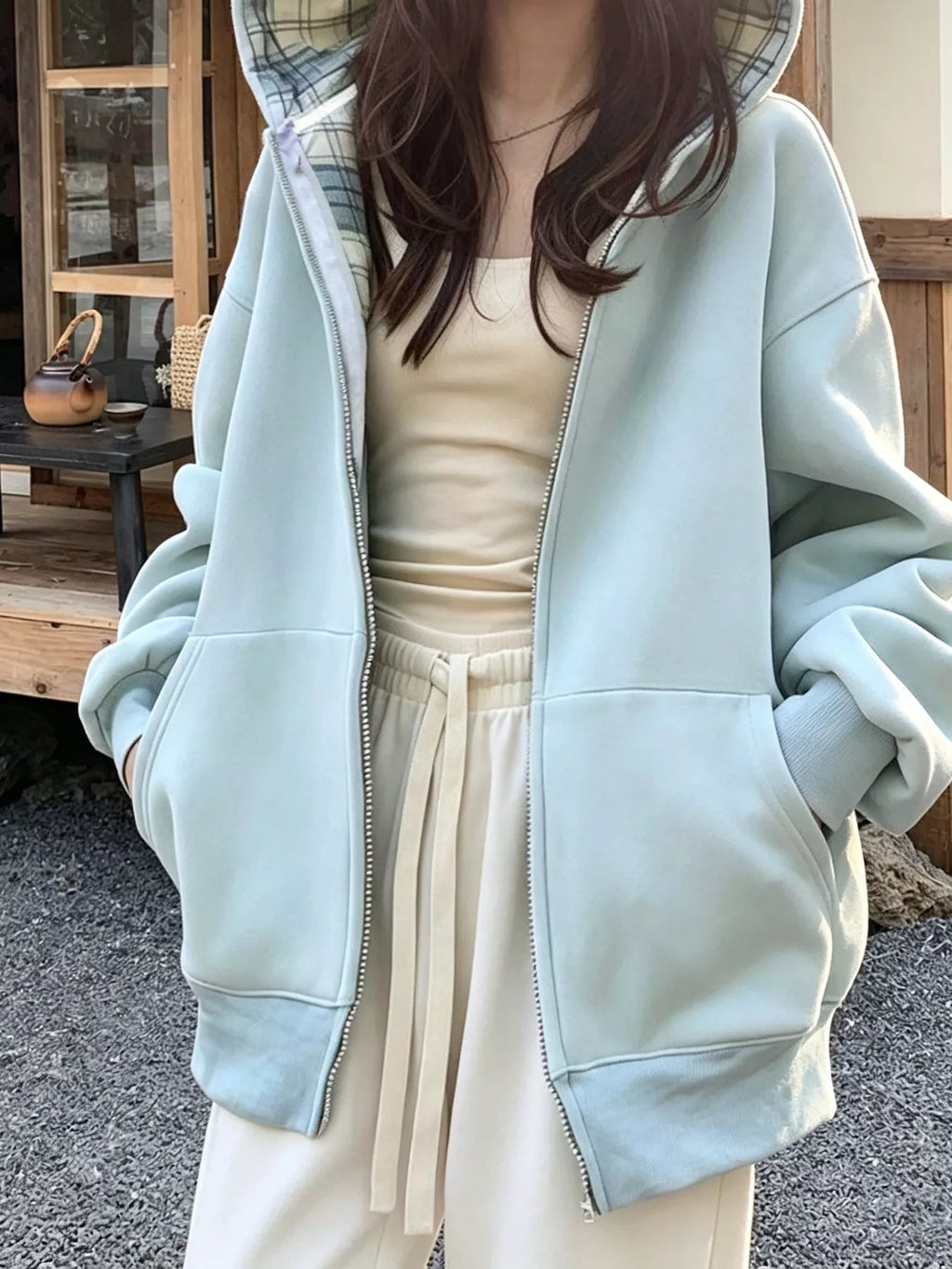 Women's Blue Zip-Up Plaid Lining Hoodie - Blue