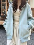 Women's Blue Zip-Up Plaid Lining Hoodie - Blue