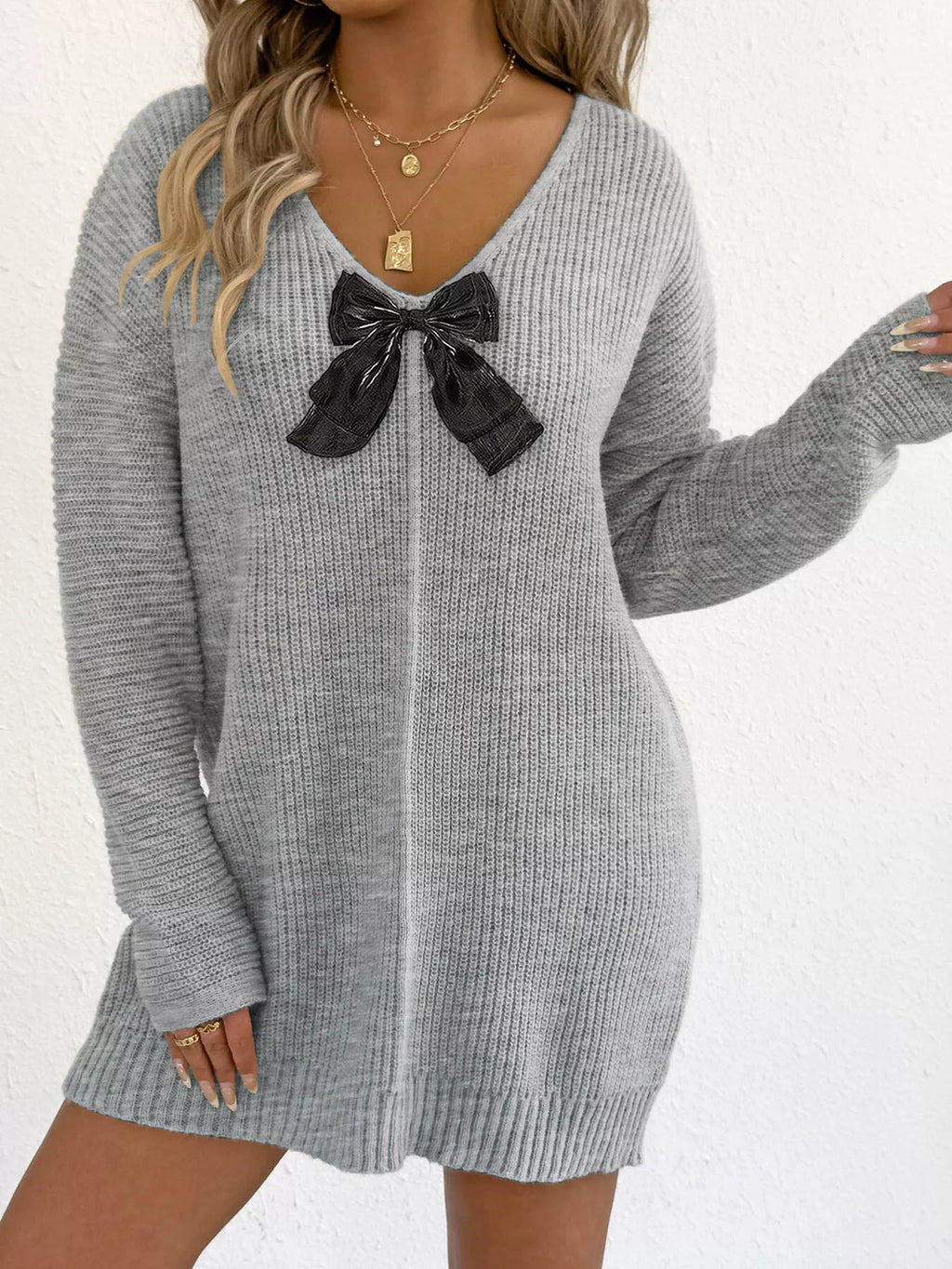 Women's Bow Ribbed Knit Sweater Dress - Gray