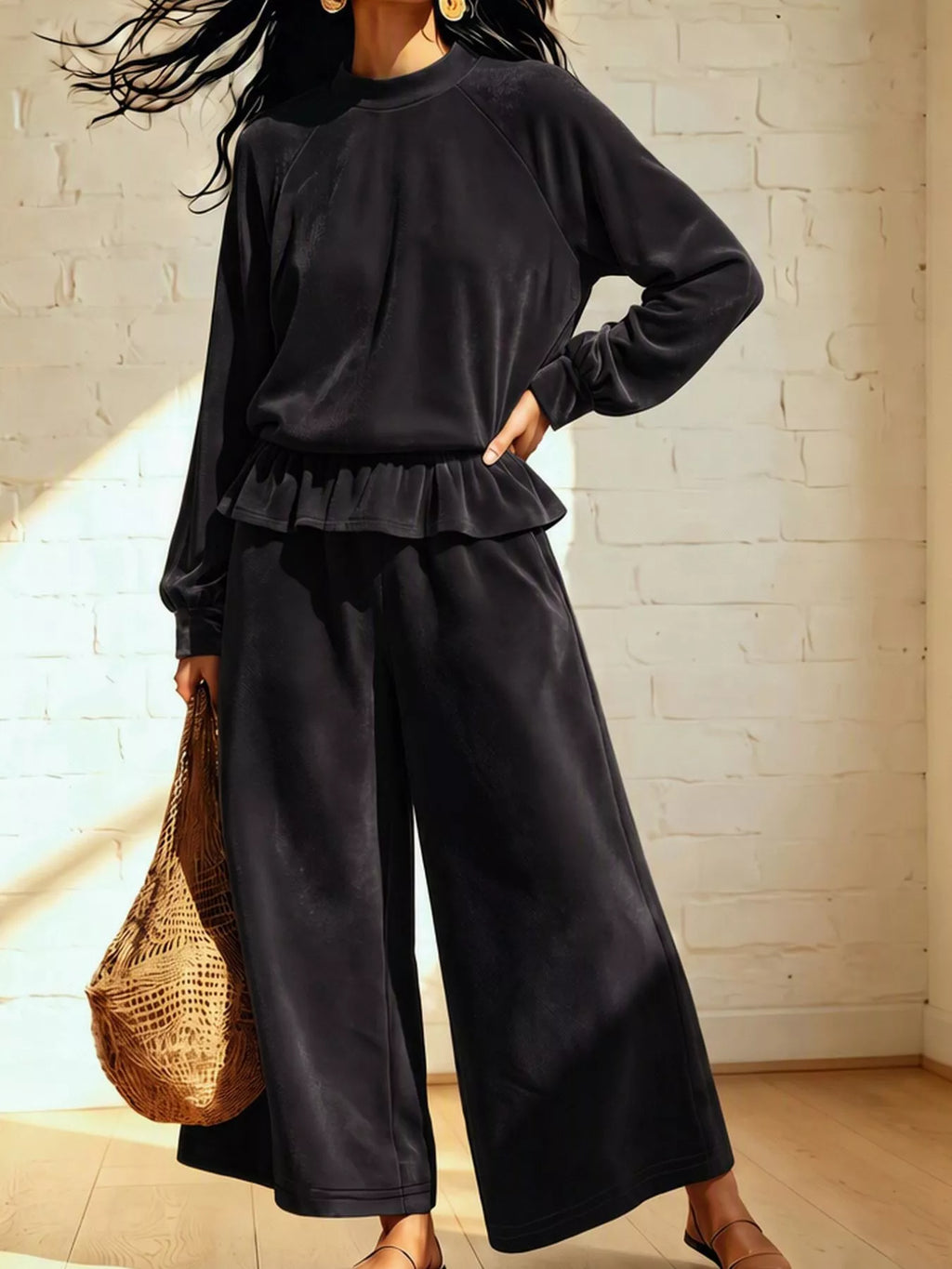 Women's Velvet Peplum Top and Wide-Leg Pants Set