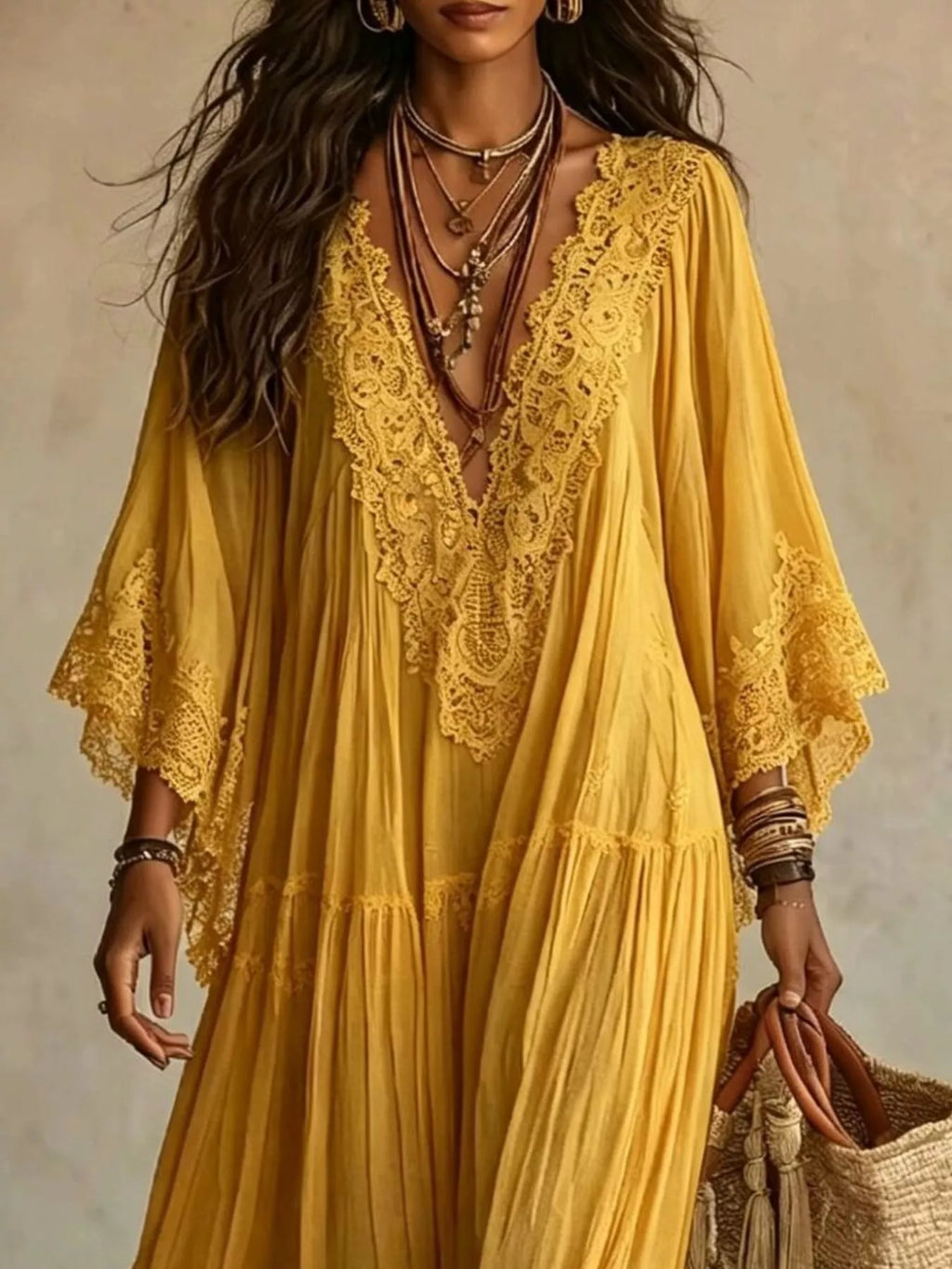 Women's Lace Trim V-Neck Maxi Dress