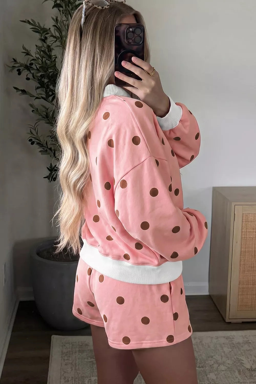 Women's Pale Blush Polka Dot Long Sleeve Sweatshirt and Shorts Lounge Set - Pale Blush