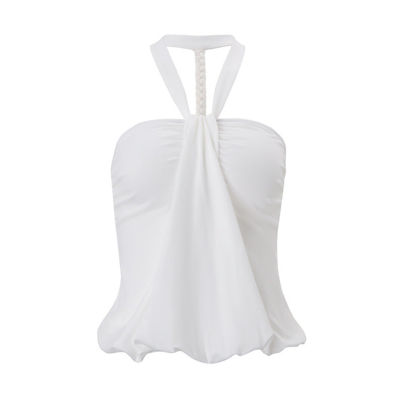 Off-the-shoulder Halter-neck Sleeveless Solid-color Tank Top