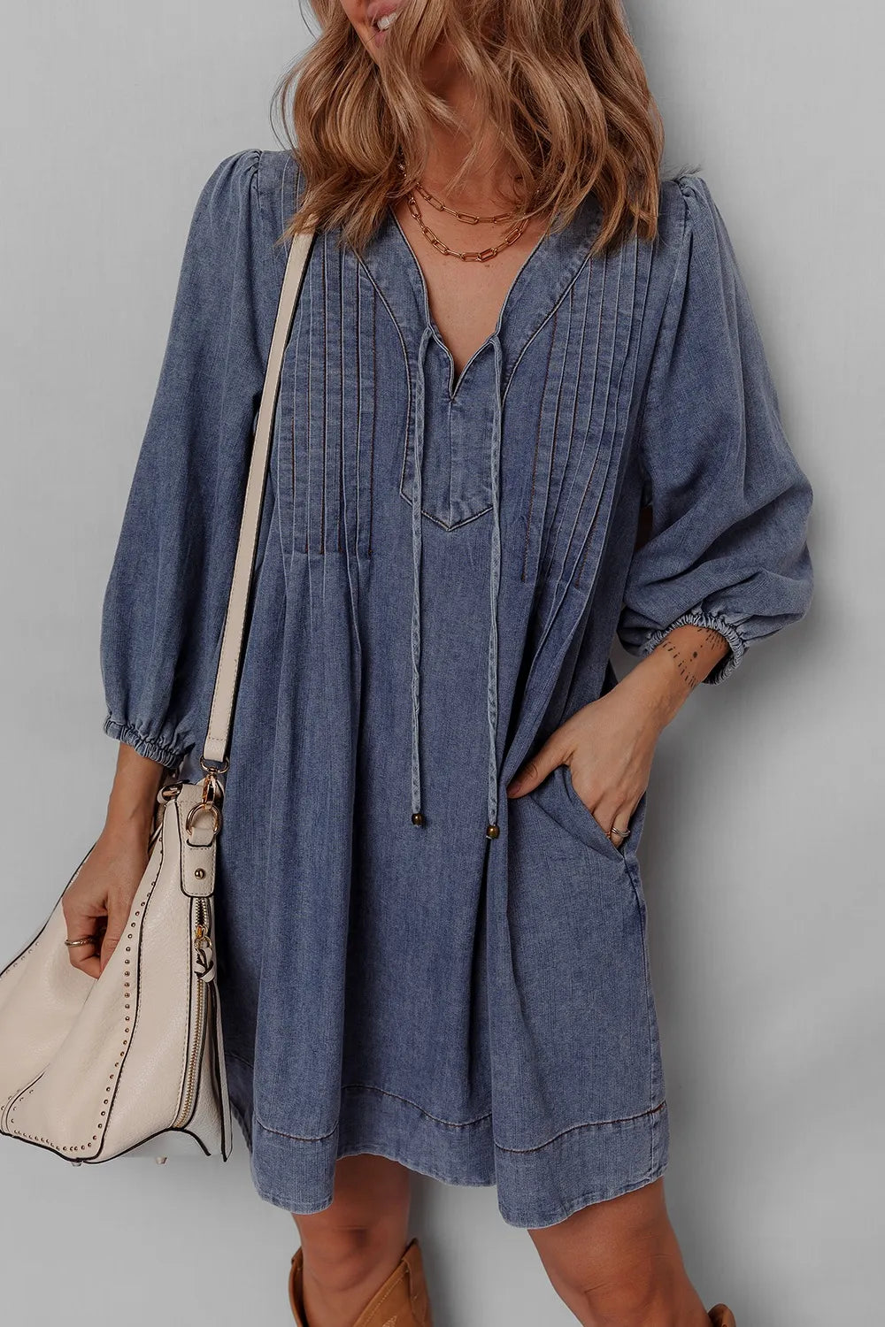 Women's Dark Tie Neck Long Sleeve Mini Denim Dress - Dark