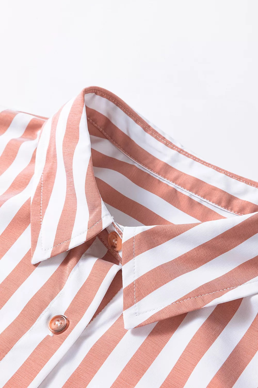Women's Pale Blush Stripe Collar Button Front Bracelet Sleeve Ruffle Hem Shirt - Pale Blush