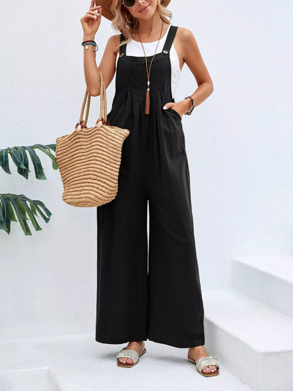Full Size Casual Wide-Leg Overalls with Pockets Plus Size