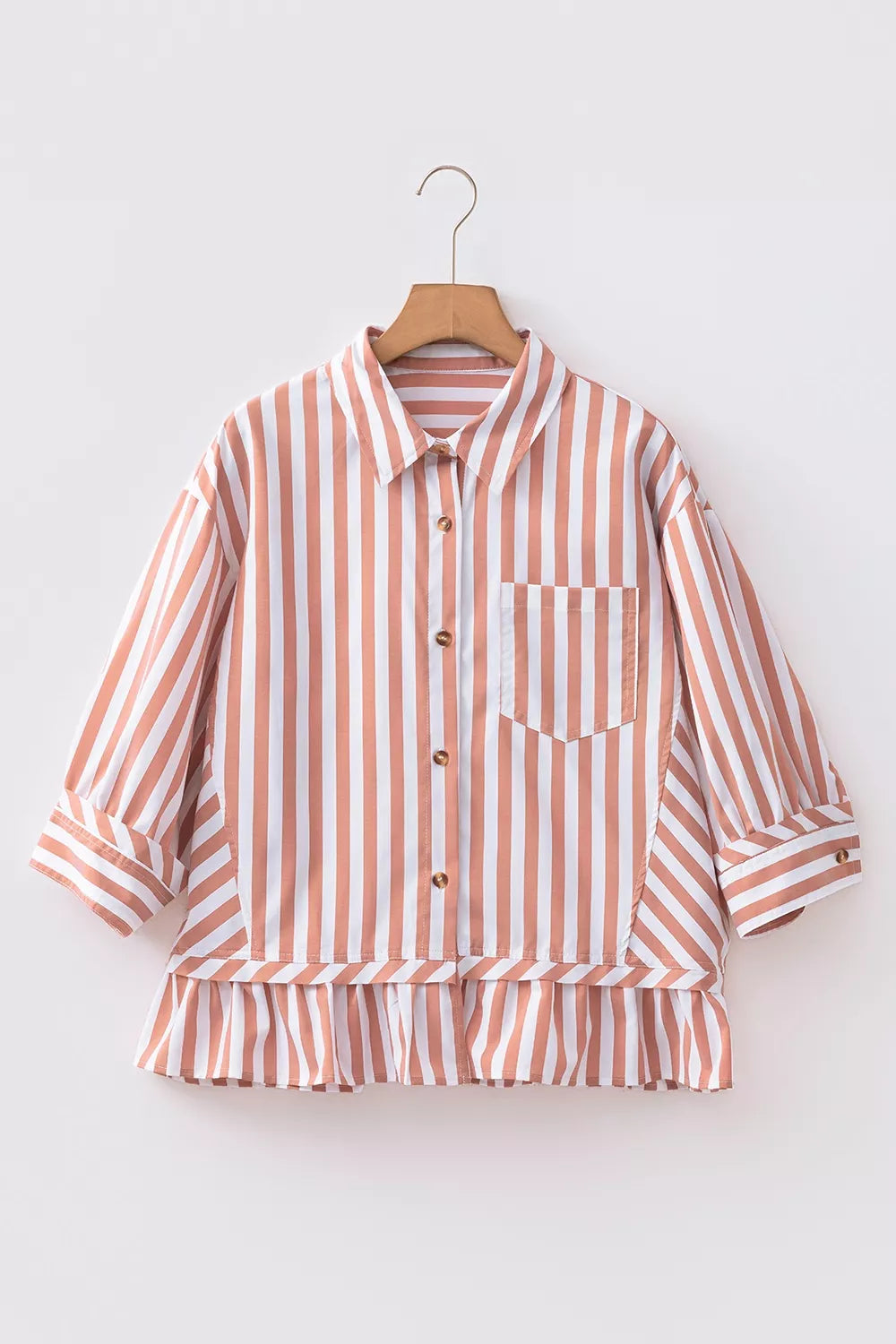 Women's Pale Blush Stripe Collar Button Front Bracelet Sleeve Ruffle Hem Shirt - Pale Blush
