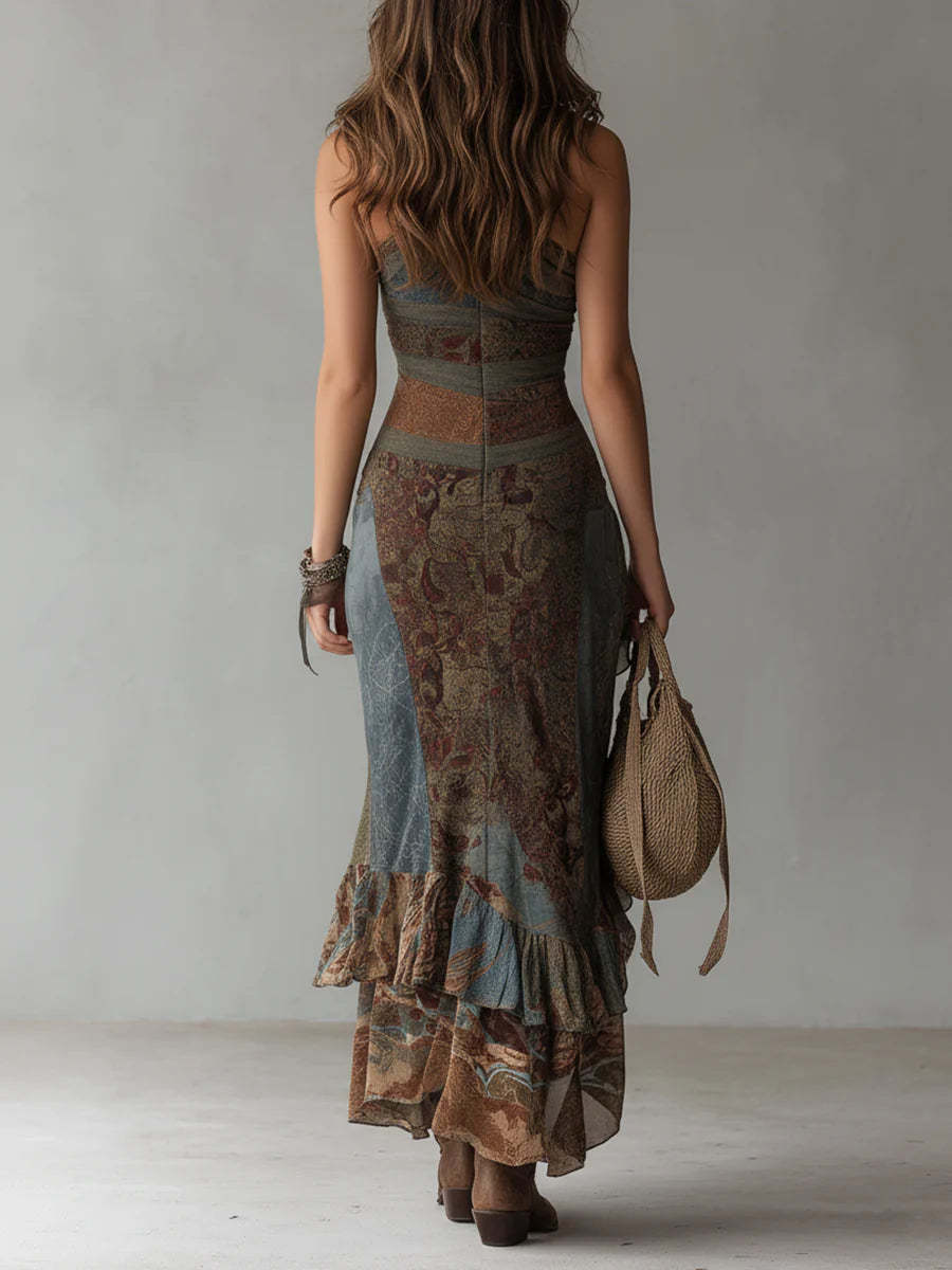 New Style Retro Patchwork Printed Asymmetrical Long Dress Slim Fit High Slit Dress