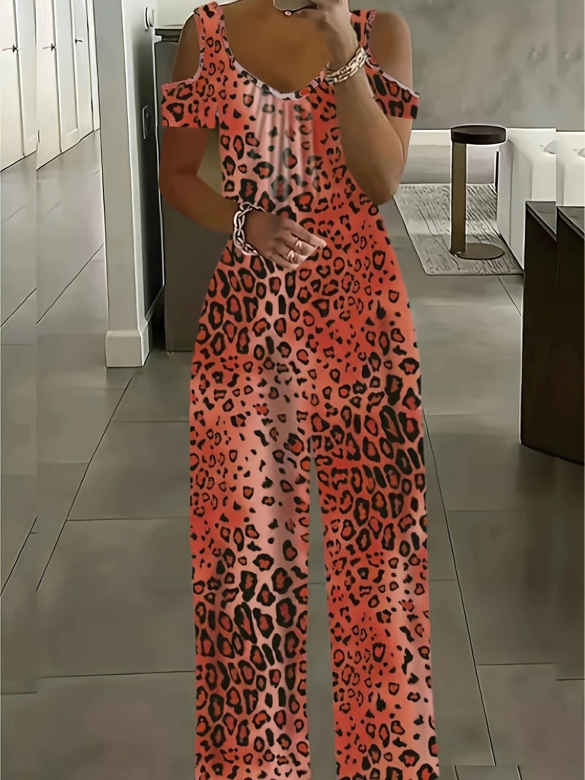 Women Leopard Print Cold Shoulder Wide Leg Jumpsuit
