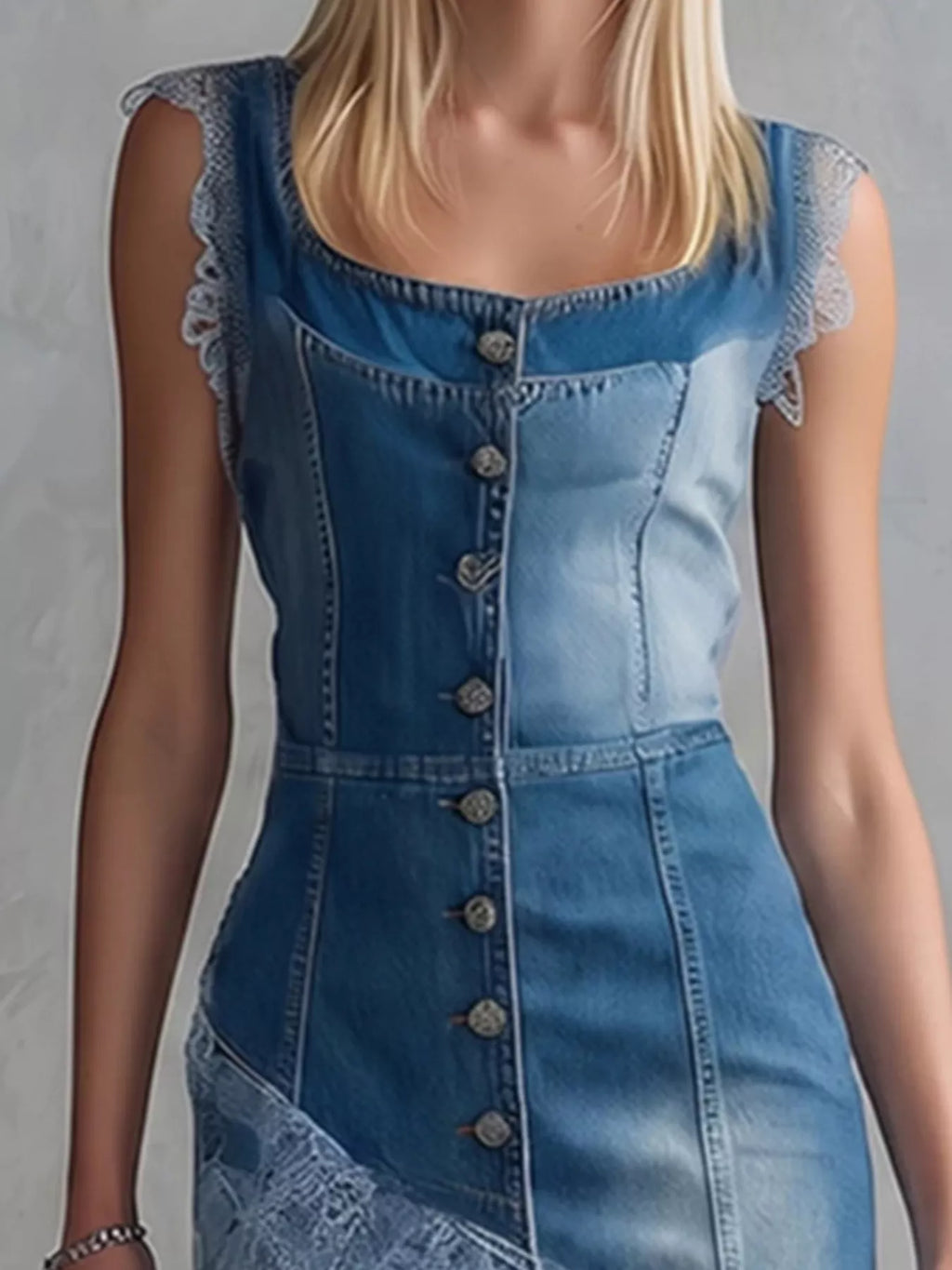 Women's Blue Sleeveless Patchwork Denim Dress with Asymmetric Lace Hem - Blue