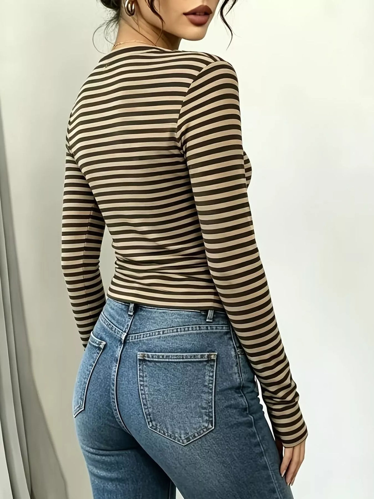 Women's Long Sleeve Striped T-Shirt with Front Tie Detail