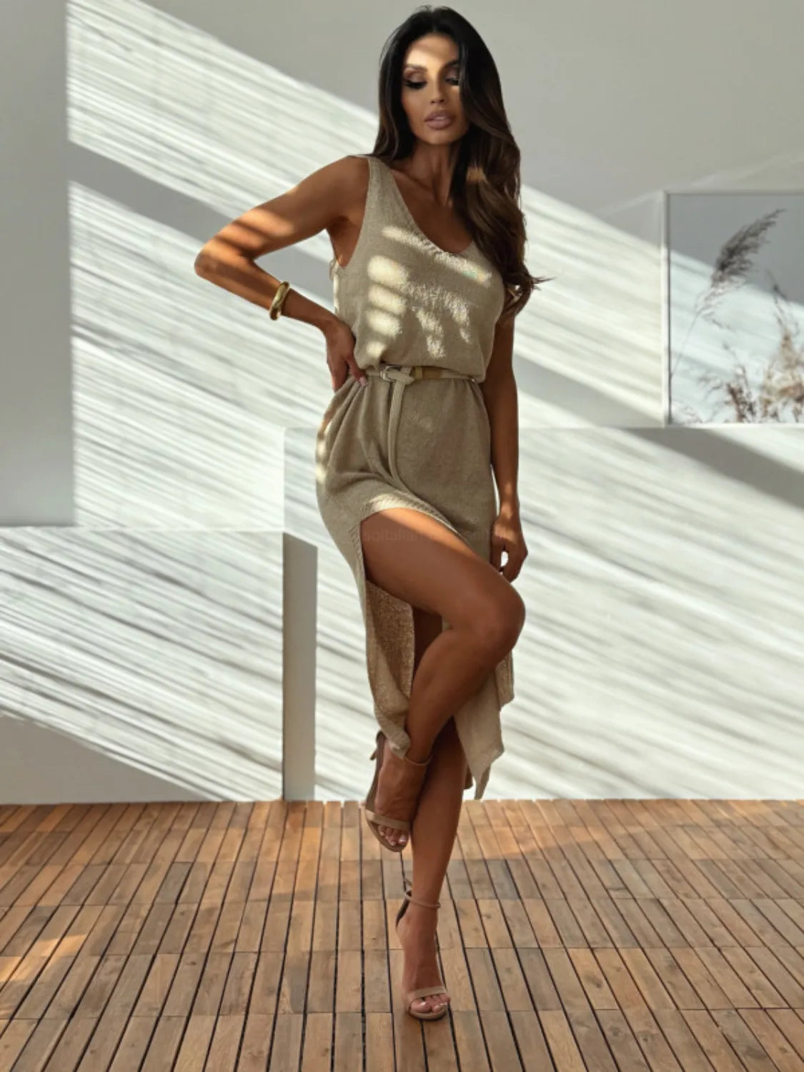 Slit V-Neck Sleeveless Sweater Dress