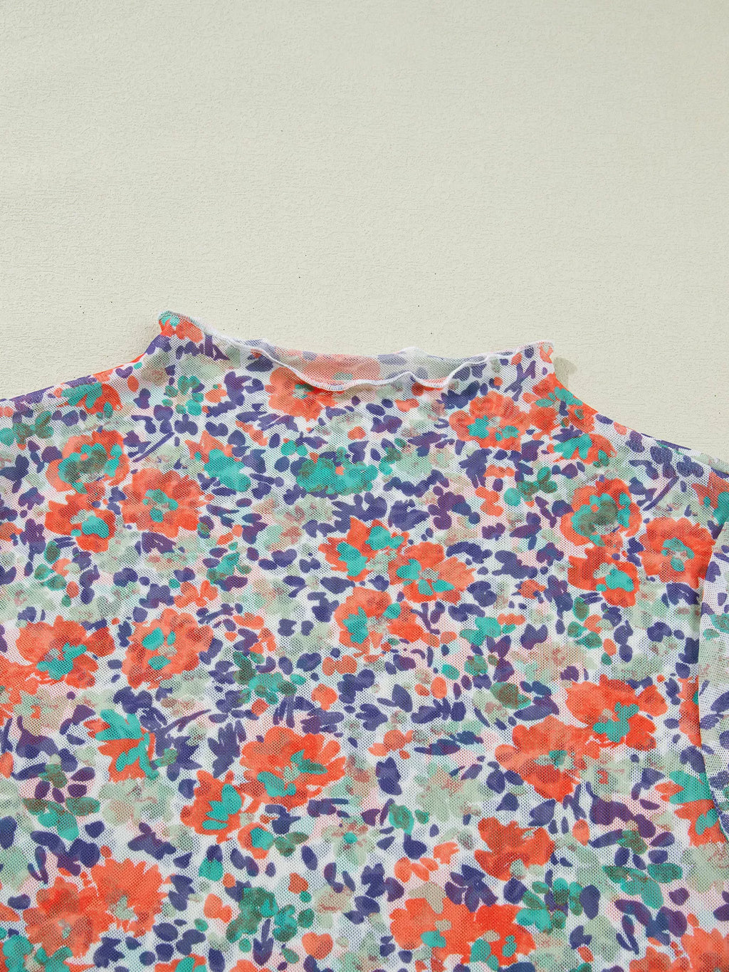 Women's Floral Print Sheer Mesh Long Sleeve Mock Neck Top - Floral