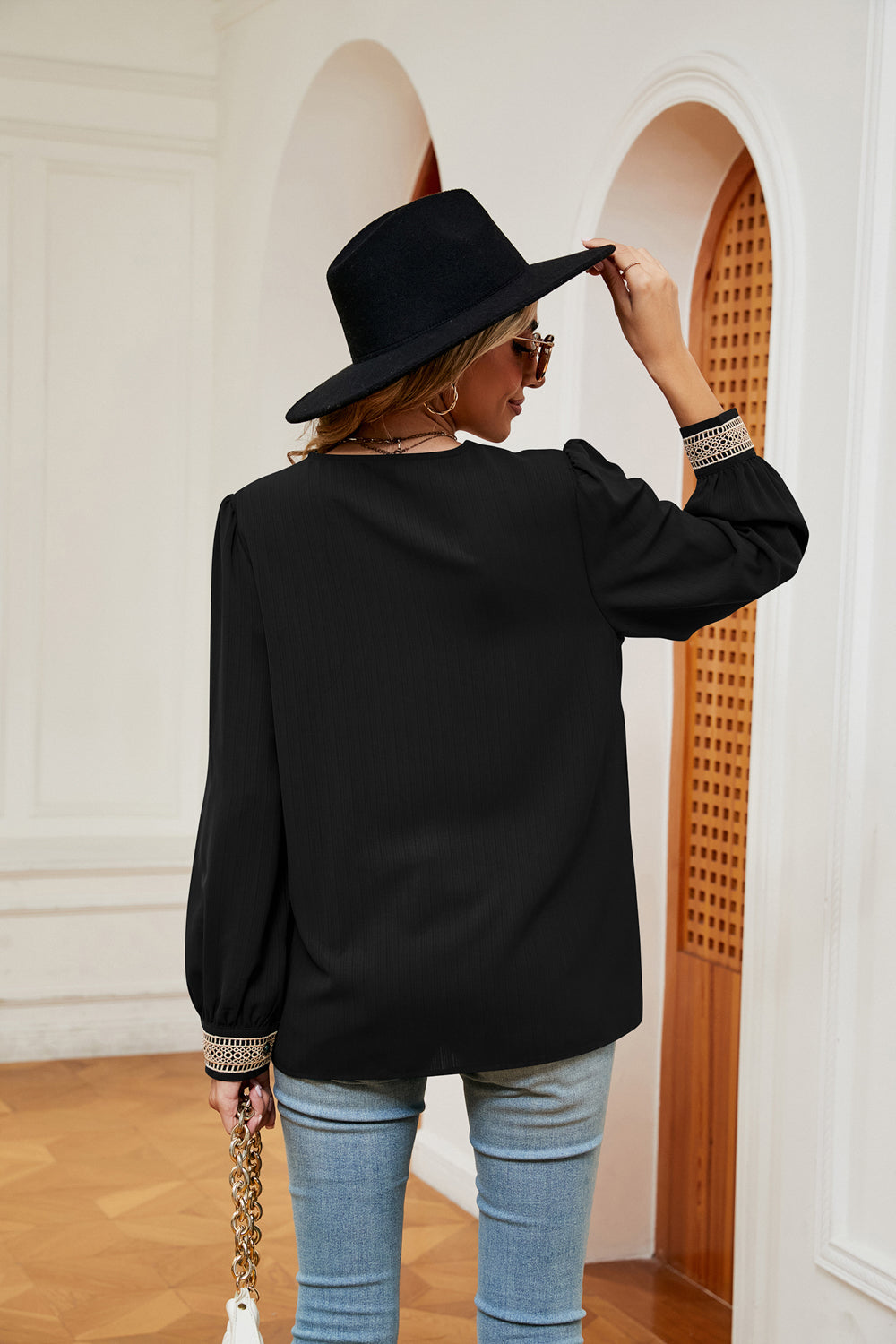 Women's Contrast Puff Sleeve Blouse