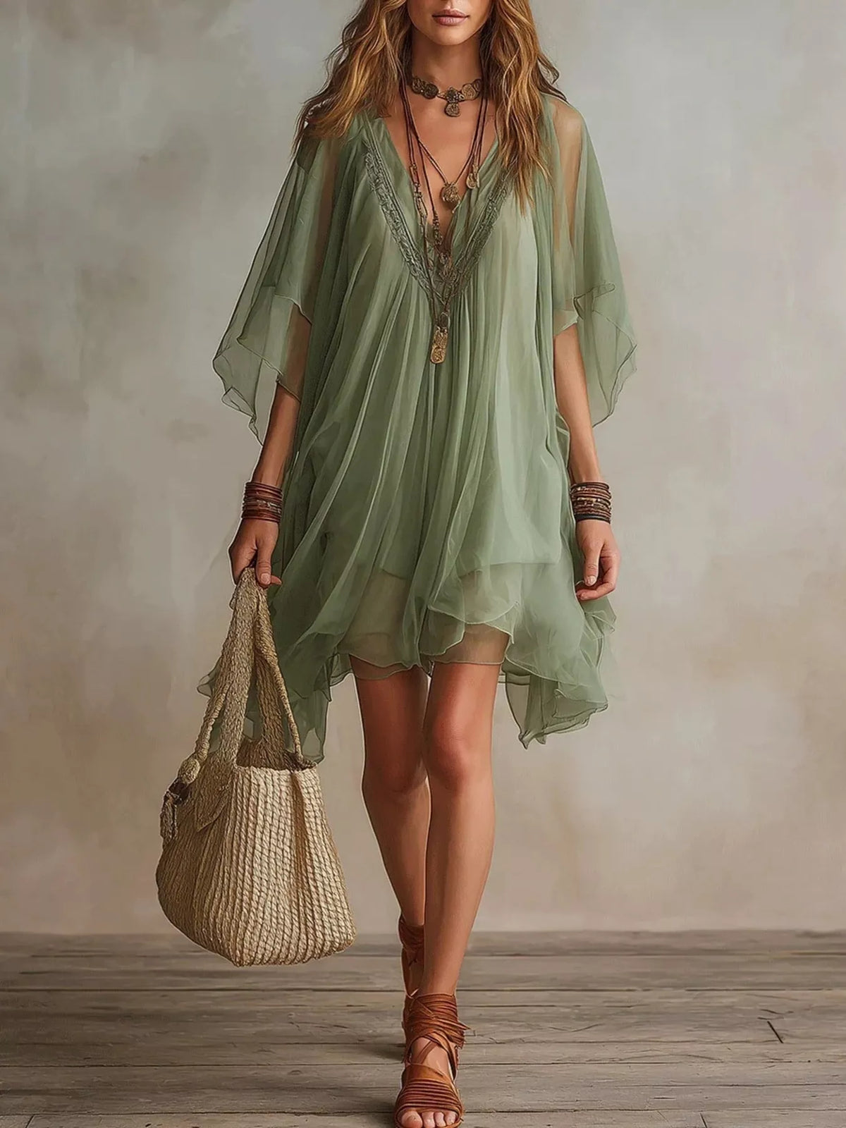 Women's Sage Chiffon V-Neck Flowy Mini Dress - Sage