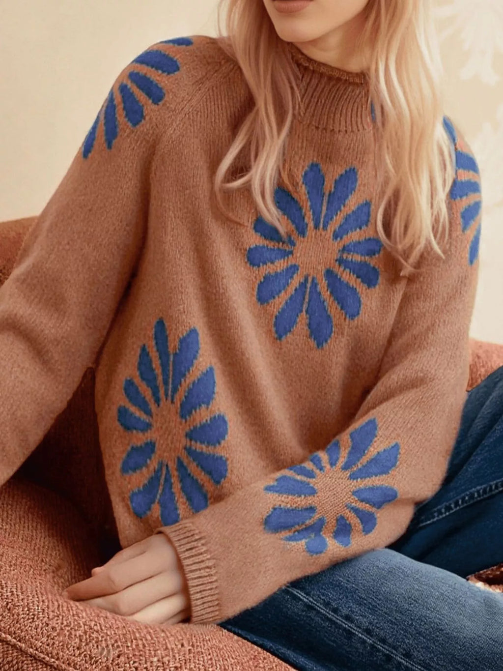 Women's Caramel Flower Mock Neck Raglan Sleeve Sweater - Caramel