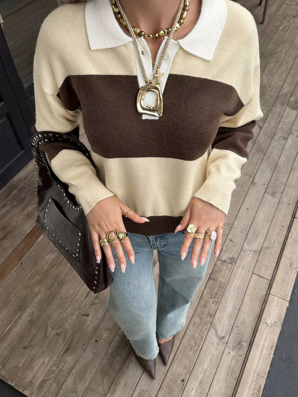 Women's Brown And Yellow Stripes Color Block Polo Collar Knit Sweater - Brown And Yellow Stripes