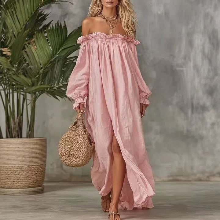Dropped-shoulder Loose-fit Candy-colored Long-sleeve Dress