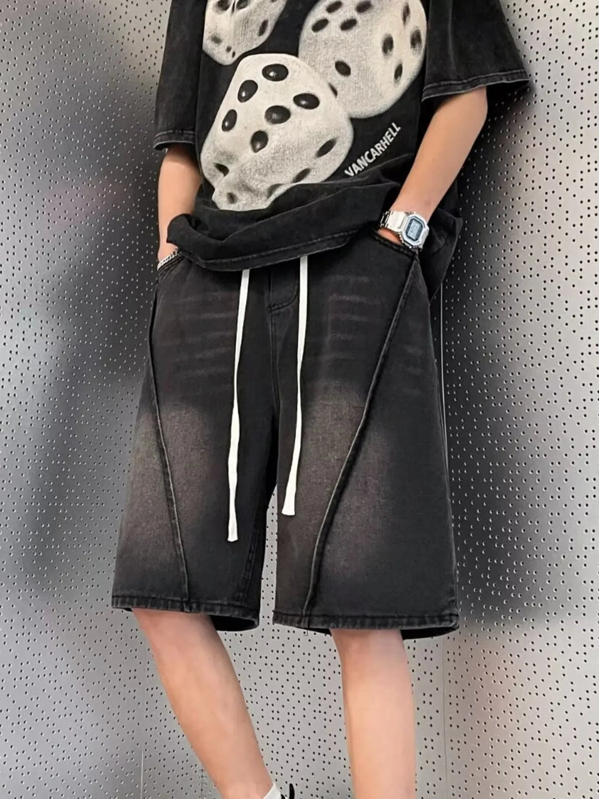 Men's Full Size Vintage Wash Drawstring Denim Shorts in Black & Light Blue Plus Size