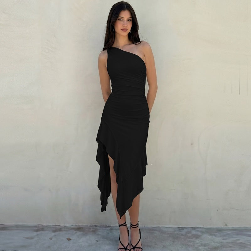 New Women's Elegant Slim-fit Solid-color Off-shoulder Sleeveless Dress