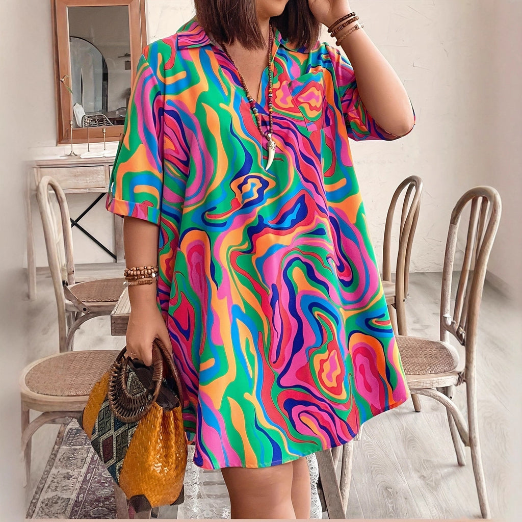 V-neck Loose-fit Tie-dye Knee-length Womens Dress