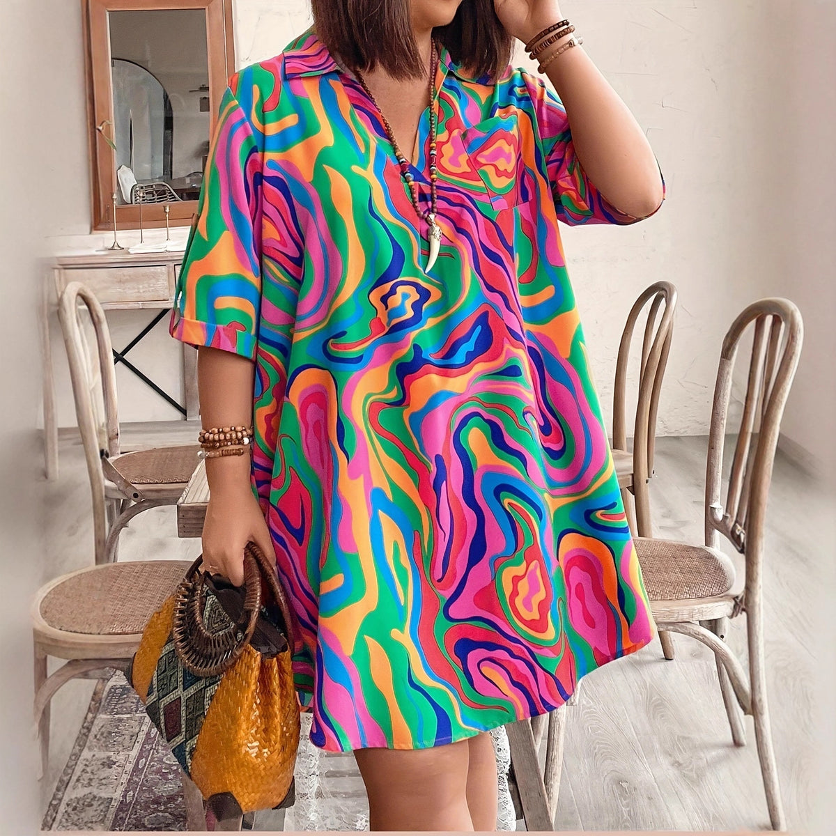 V-neck Loose-fit Tie-dye Knee-length Womens Dress