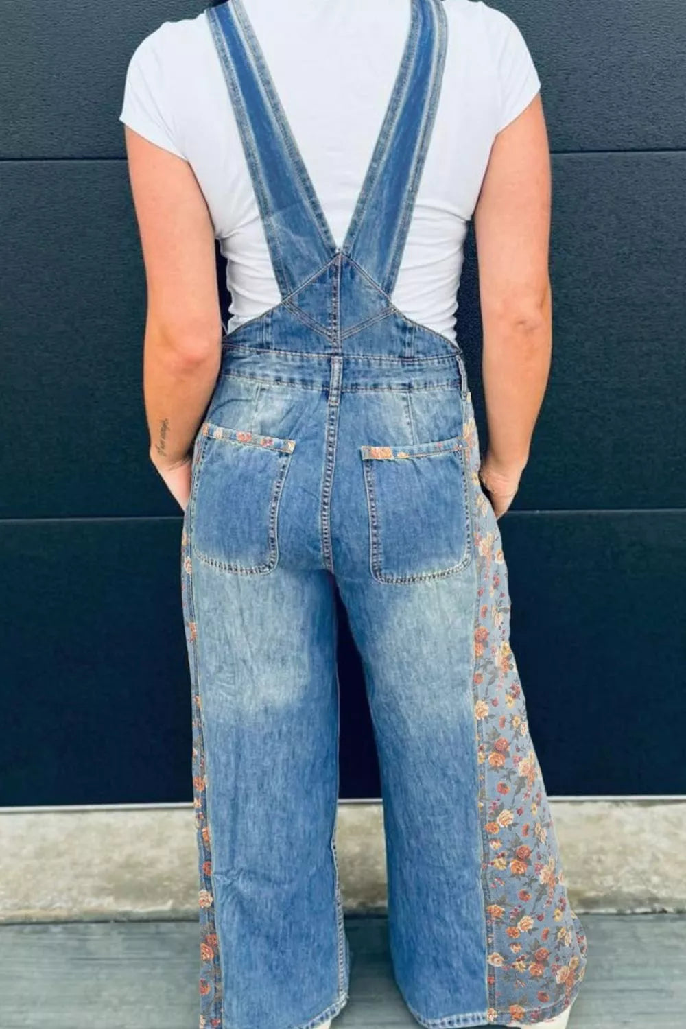 Women's Dusty Blue Vintage Rose Printed Pleated Loose Denim Overall - Dusty Blue
