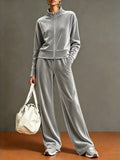Women's Solid-color Stand-collar Cardigan And Zipper Hoodie Wide-leg Pants Set