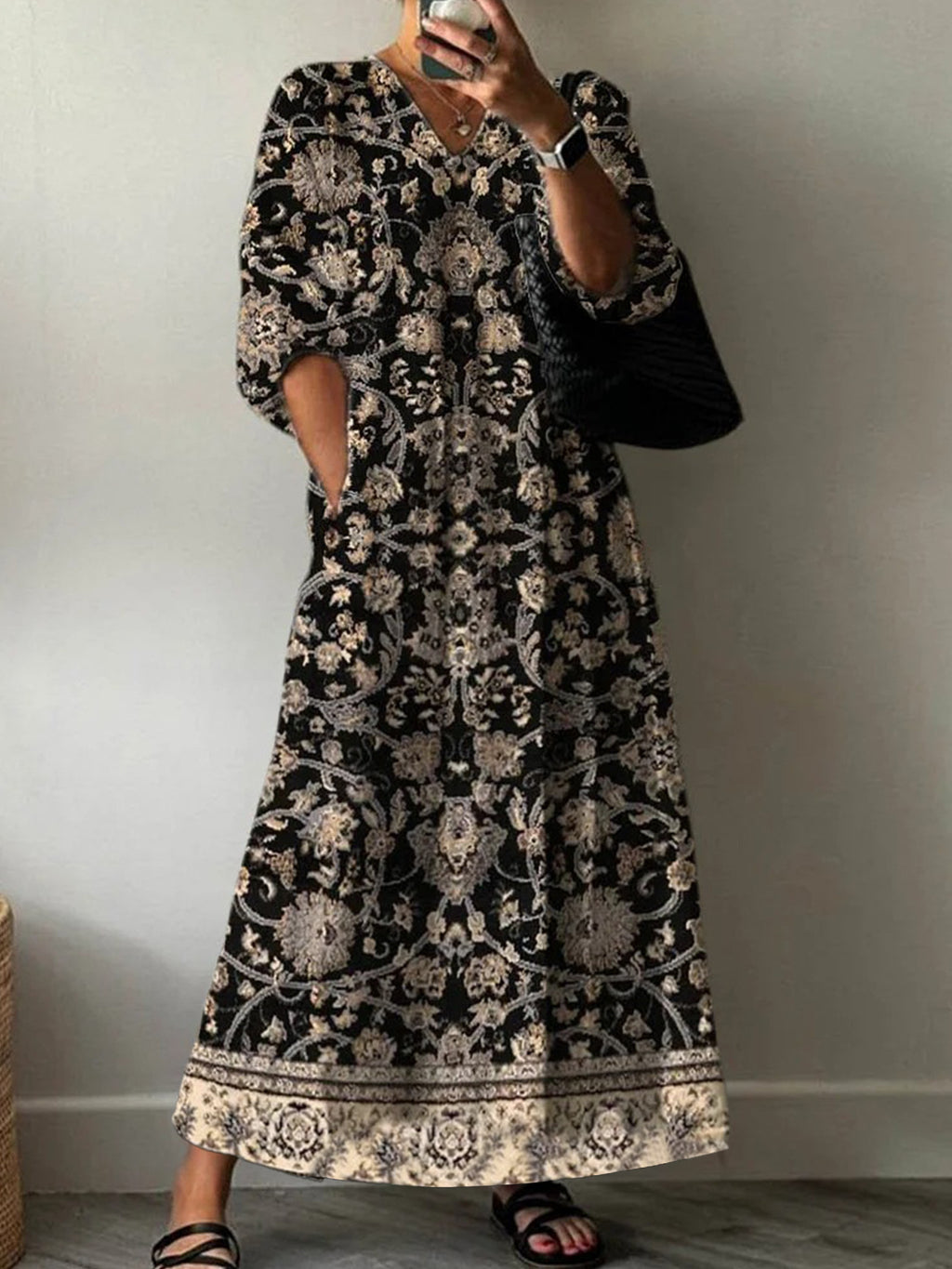 Summer Fashion Casual V-Neck Mid-Sleeve Floral Long Dress Qing