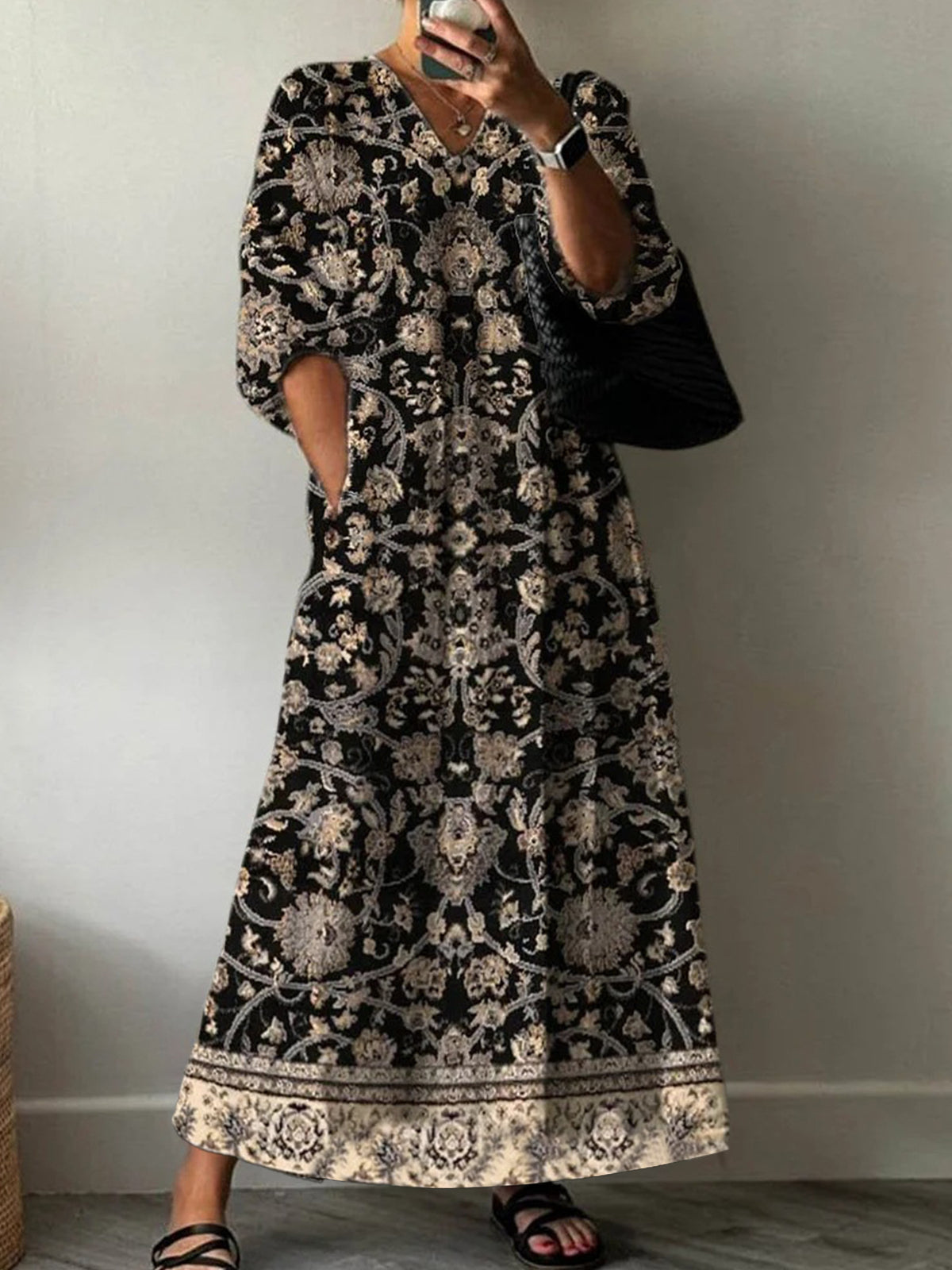Summer Fashion Casual V-Neck Mid-Sleeve Floral Long Dress Qing