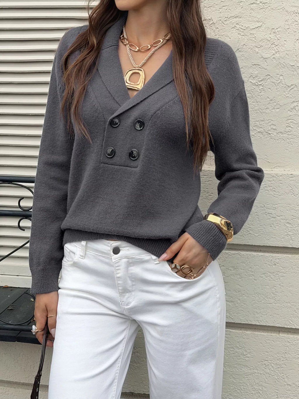 Women's Dark Gray Double-Breasted Shawl Collar Sweater - Dark Gray