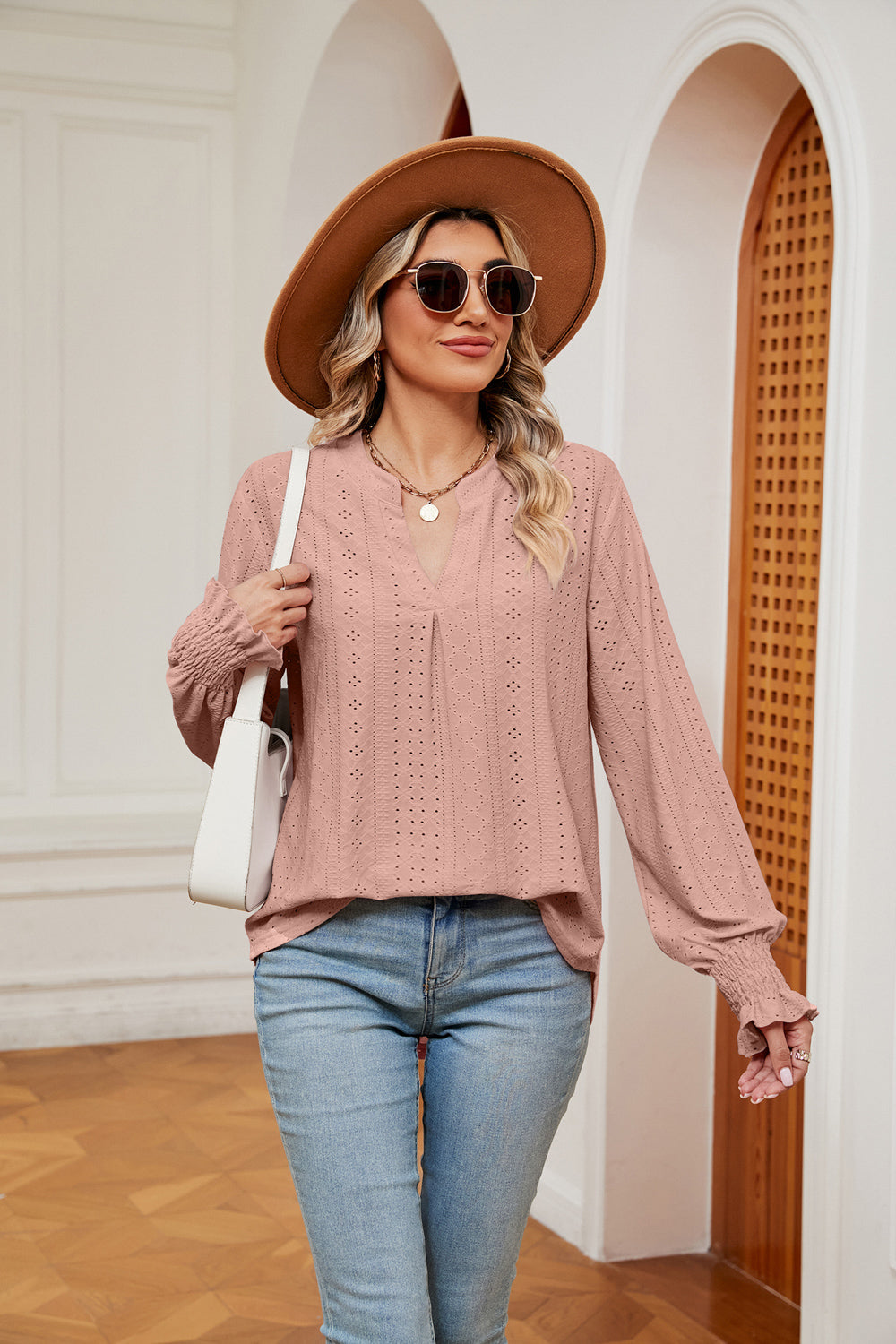 Women's Notched Neck Flounce Sleeve Blouse - Light Mauve