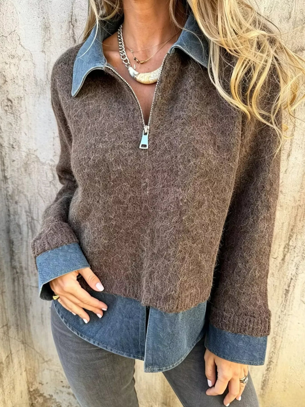Women's Contrast Denim Collar Half-Zip Knit Sweater - Coffee Brown
