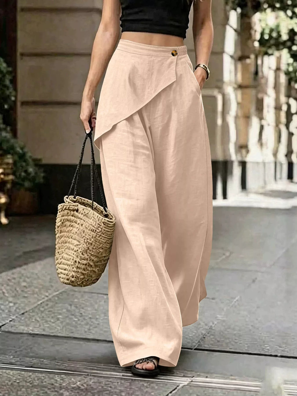 Women's Asymmetrical Wrap Wide-Leg Pants - Tan