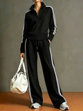 Women's 2 Piece Tracksuit Set, Half Zip Stand Collar Striped Long Sleeve Sweatshirt And Drawstring Wide Leg Pants Casual Outfit - Black