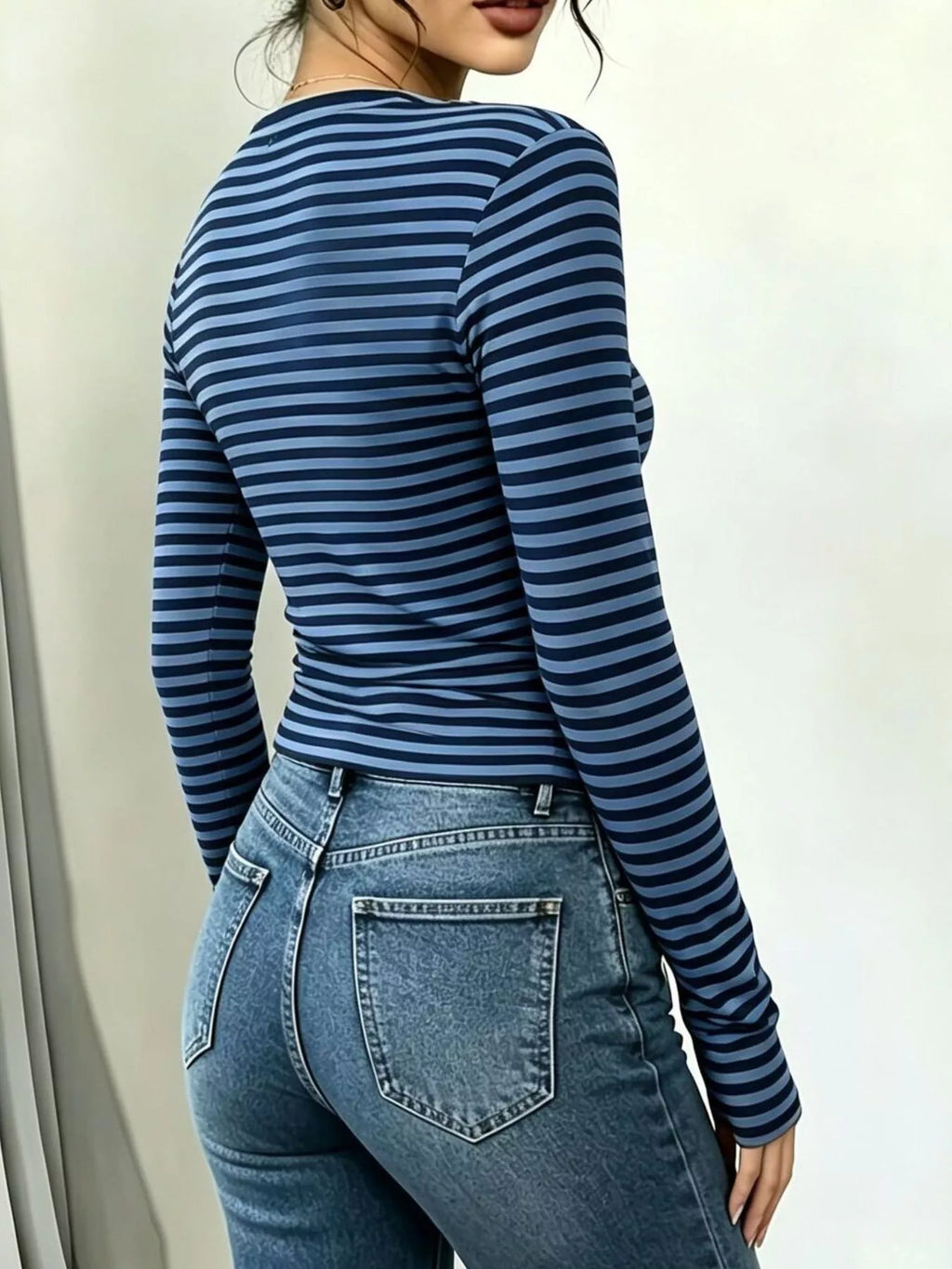 Women's Long Sleeve Striped T-Shirt with Front Tie Detail