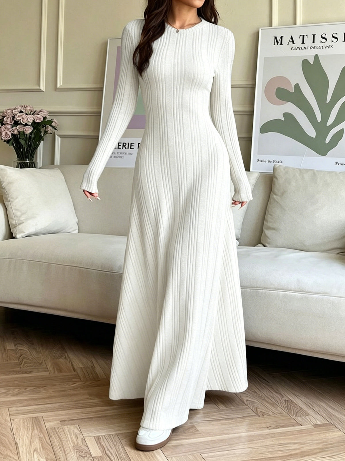 Autumn Winter Women's Fashion Round Neck Long-Sleeve Ribbed Knit Elegant Dress Slim Fit Long Dress