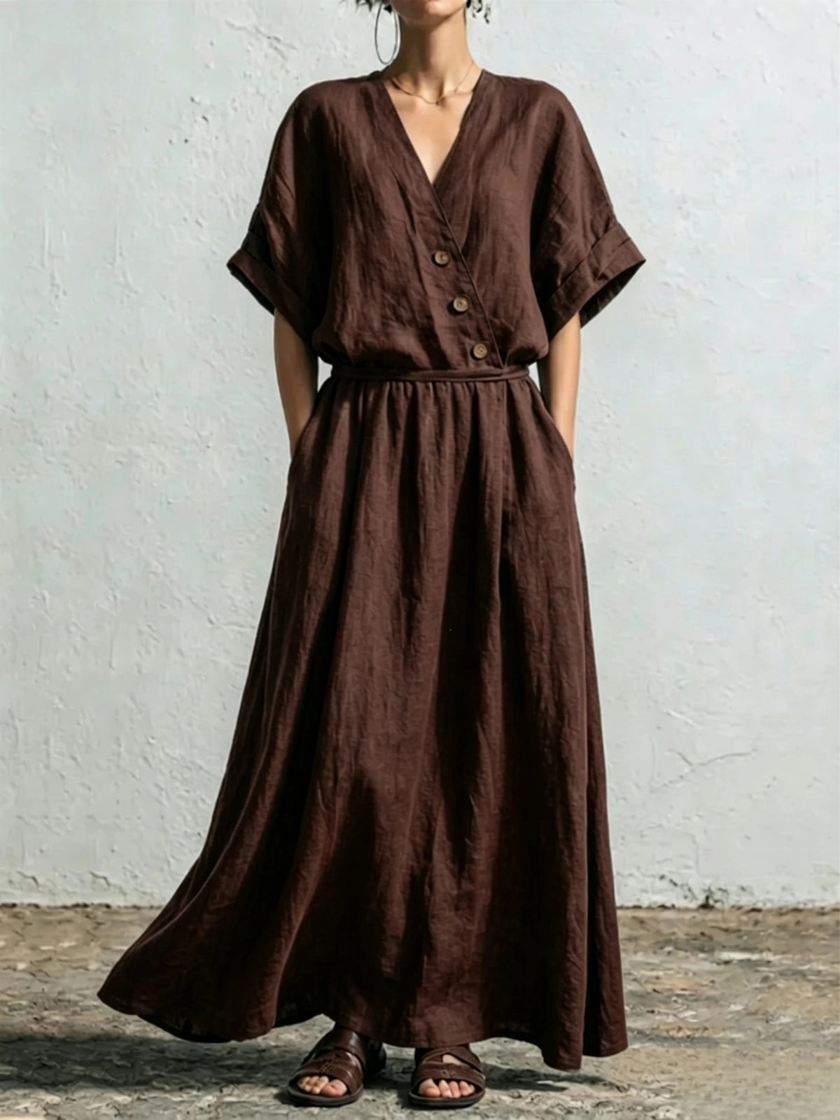 Women's Solid-Color Casual Loose V-Neck High-Waisted Dress