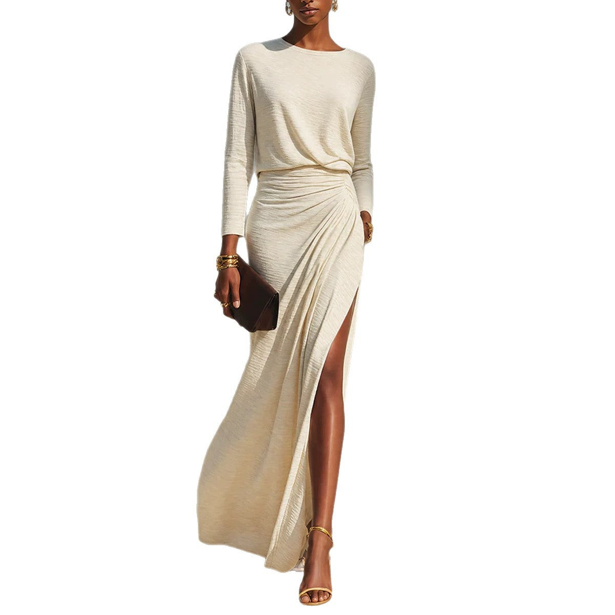 Women's Minimalist Round-neck Pleated Slit Maxi Dress