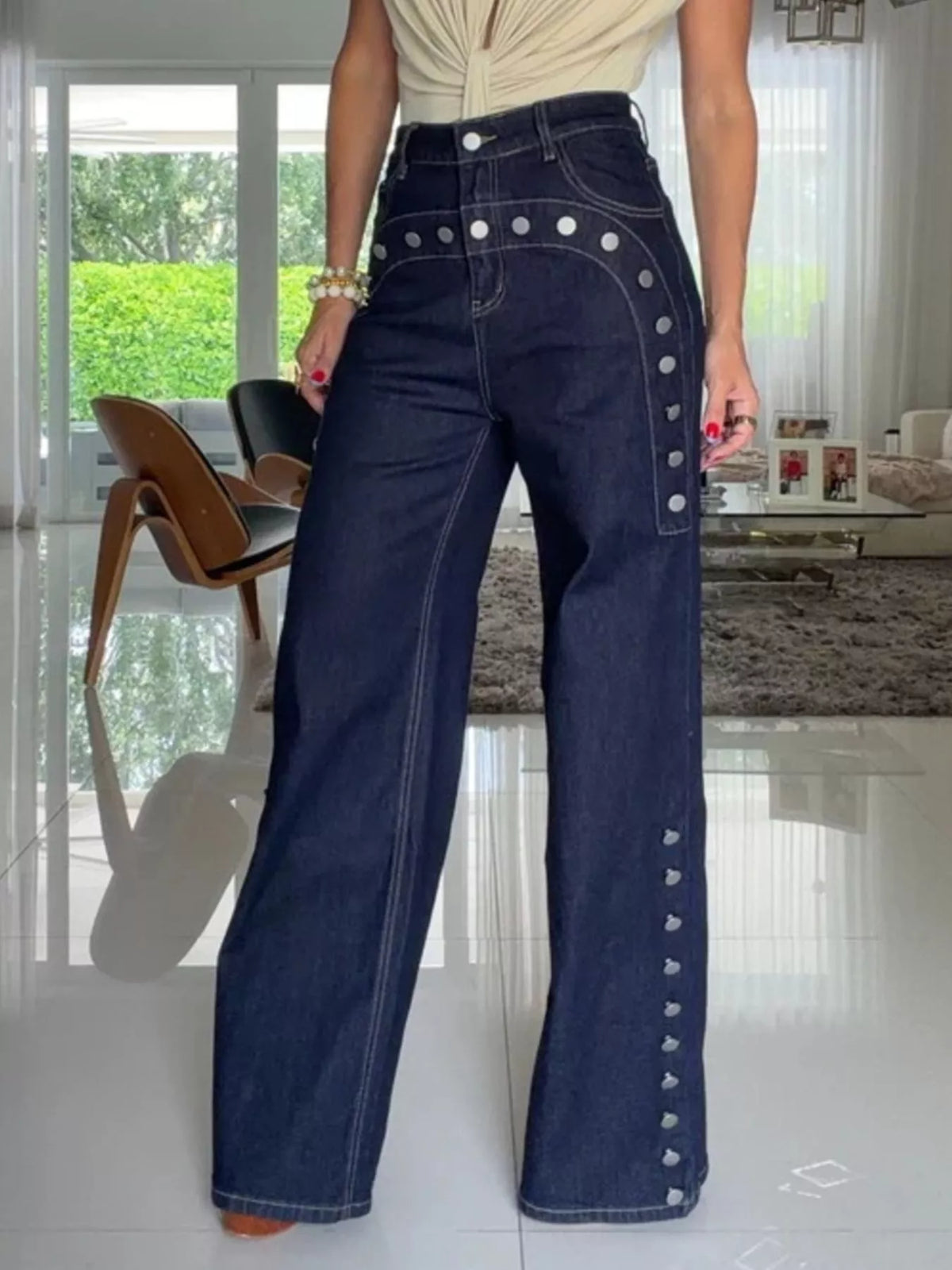 Women's Dark Blue Decorative Button High-Waisted Wide-Leg Jeans - Dark Blue