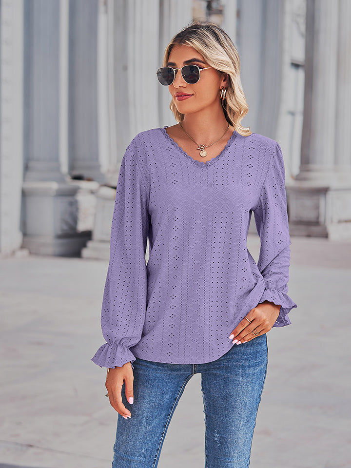Women's Eyelet V-Neck Flounce Sleeve Blouse - Lavender