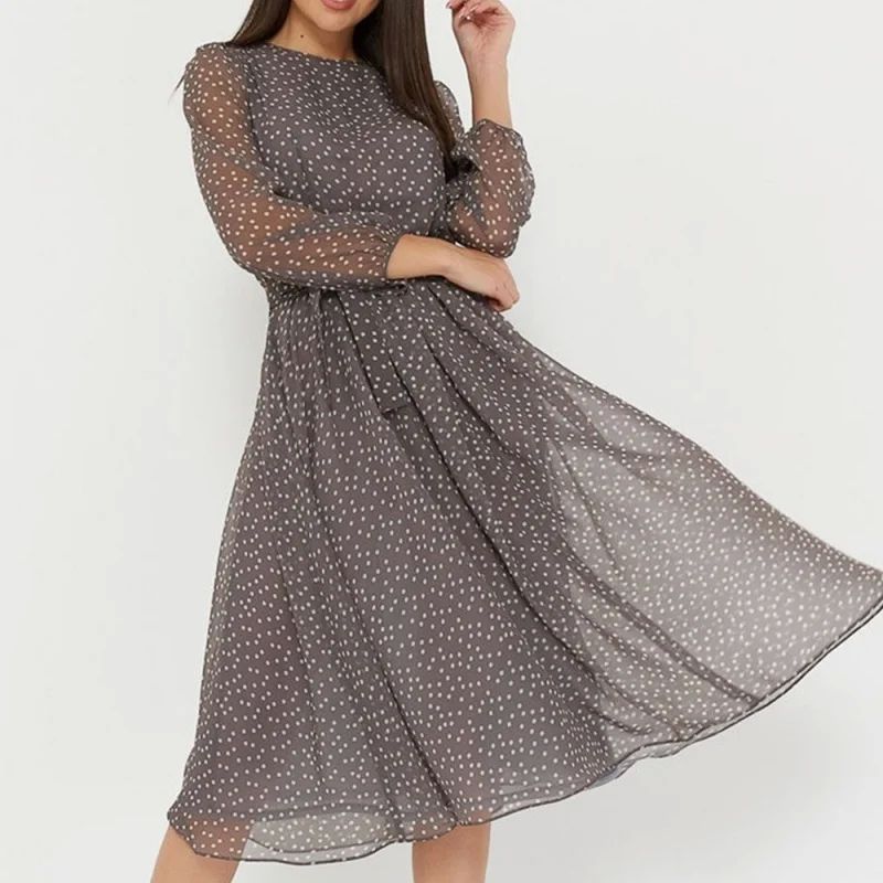 S Polka-dot Crewneck Long-sleeved Dress For Women